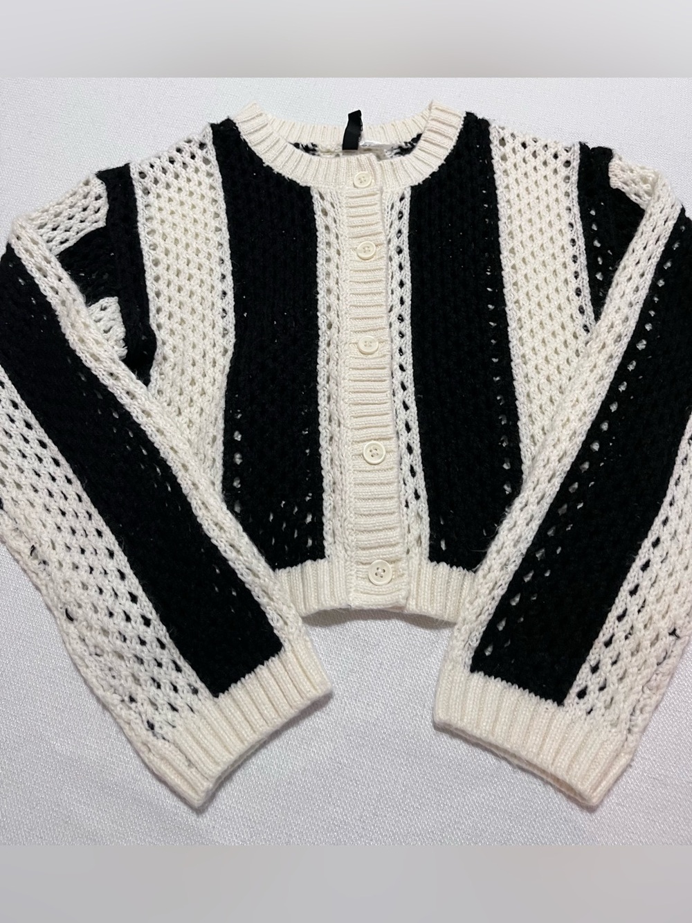 Divided Black and Cream Striped Open-Knit Cardigan Size XS